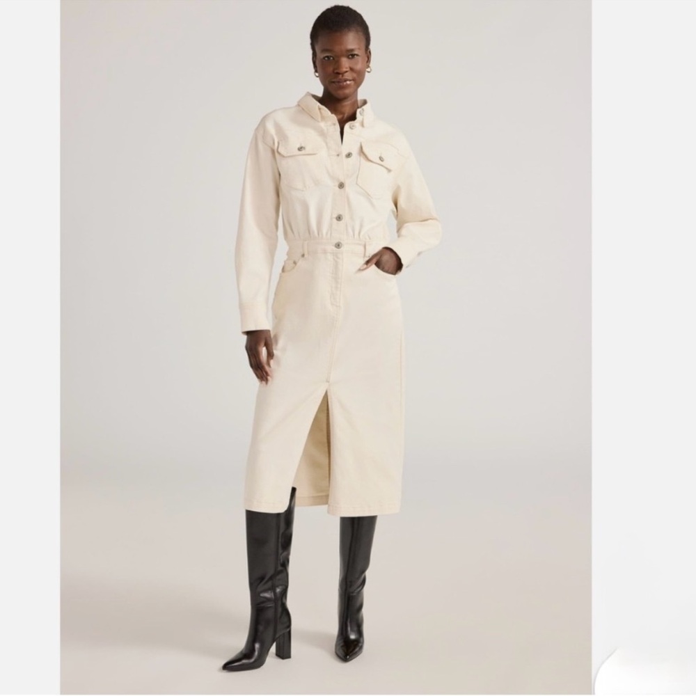 Elegant Cream Women's Denim Midi Dress